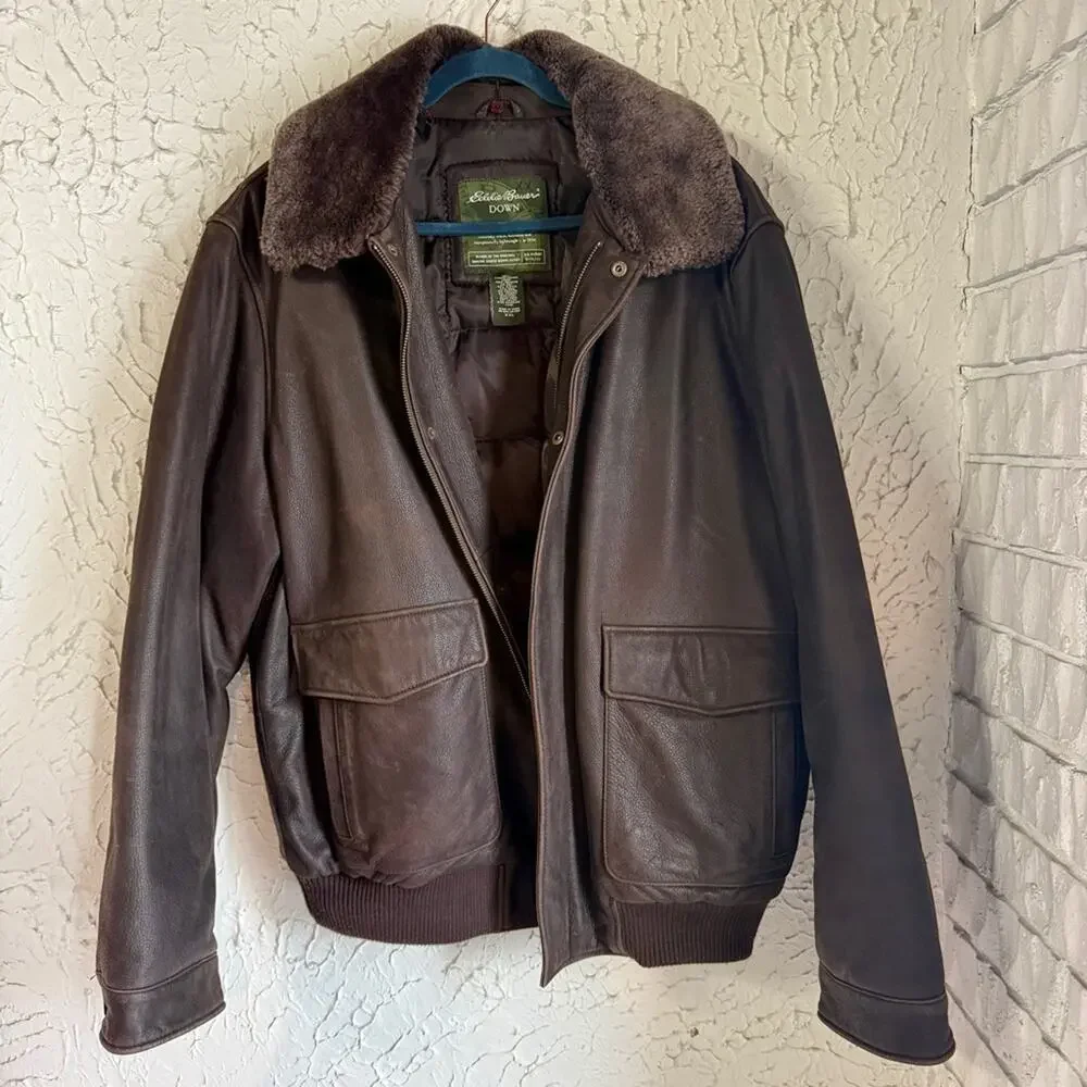 Vintage Eddie Bauer Lambskin Leather Goose Down Bomber Jacket with Plush Collar - Picture 1 of 16